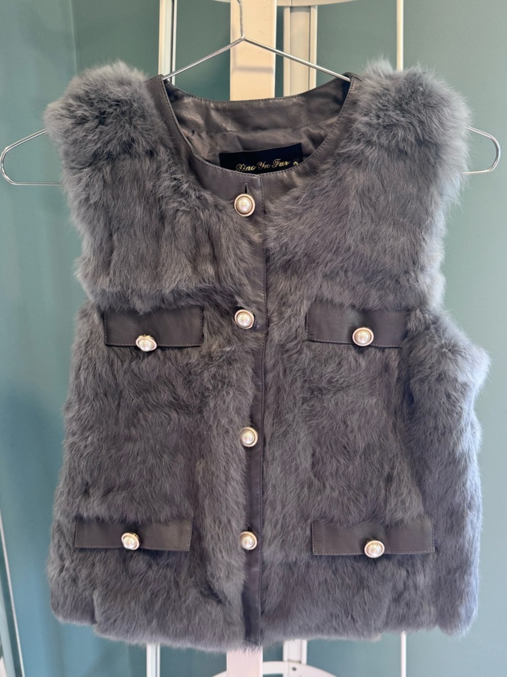 Vintage Grey Rabbit Fur Vest Pearl Button Luxe Soft Girl Chic Layering Piece